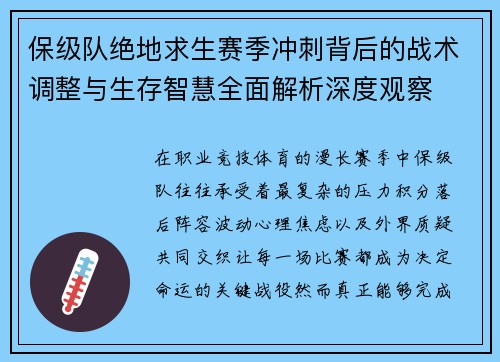保级队绝地求生赛季冲刺背后的战术调整与生存智慧全面解析深度观察